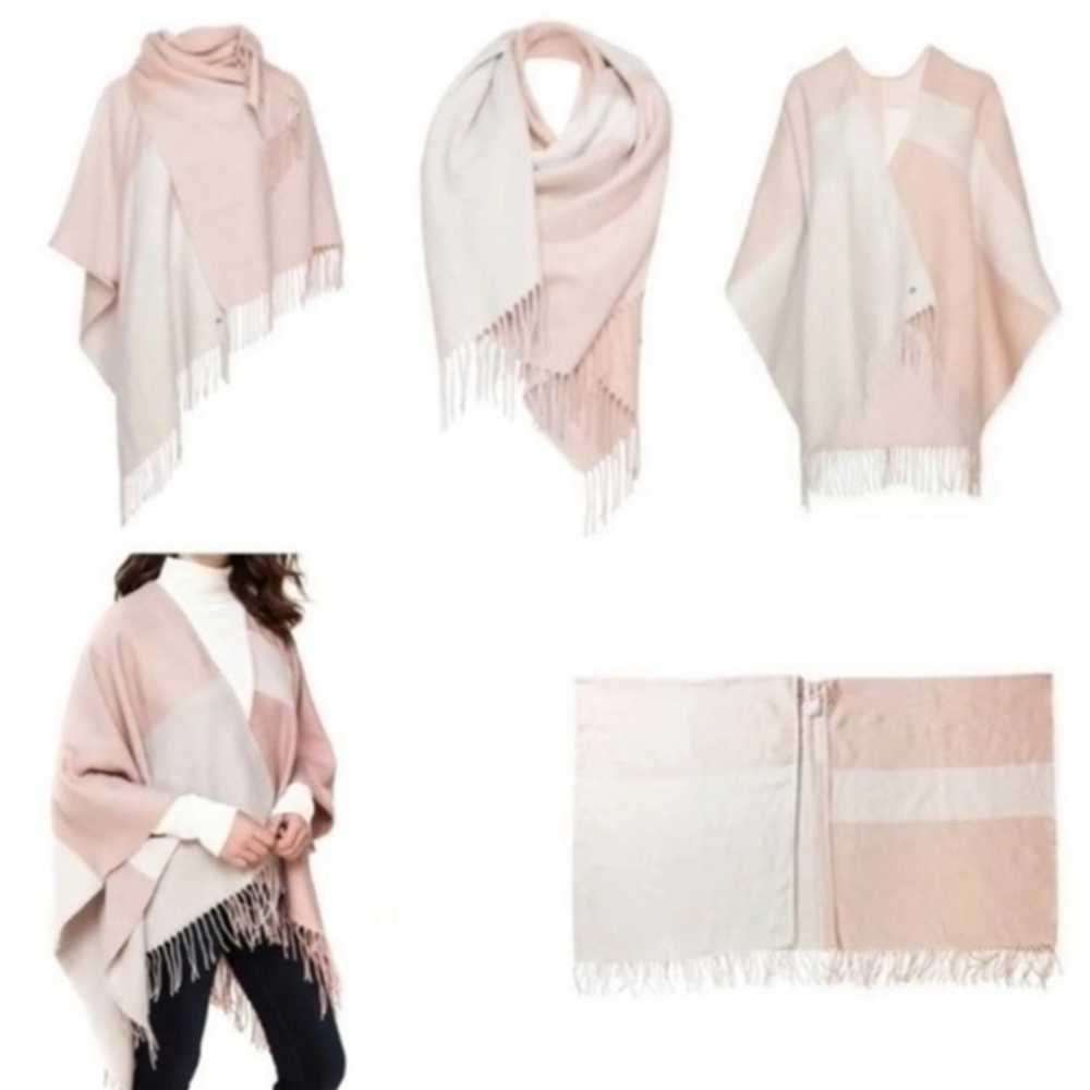 SOIA & KYO Scarfigan Cardigan Sweater Womens One Size OS Pink Beige Plaid Fringe - Picture 2 of 10